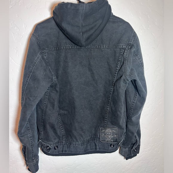 Fox Riders Denim Jean Mx Motorcycle Biker Black Hood Trucker Jacket Size Small - Picture 6 of 14